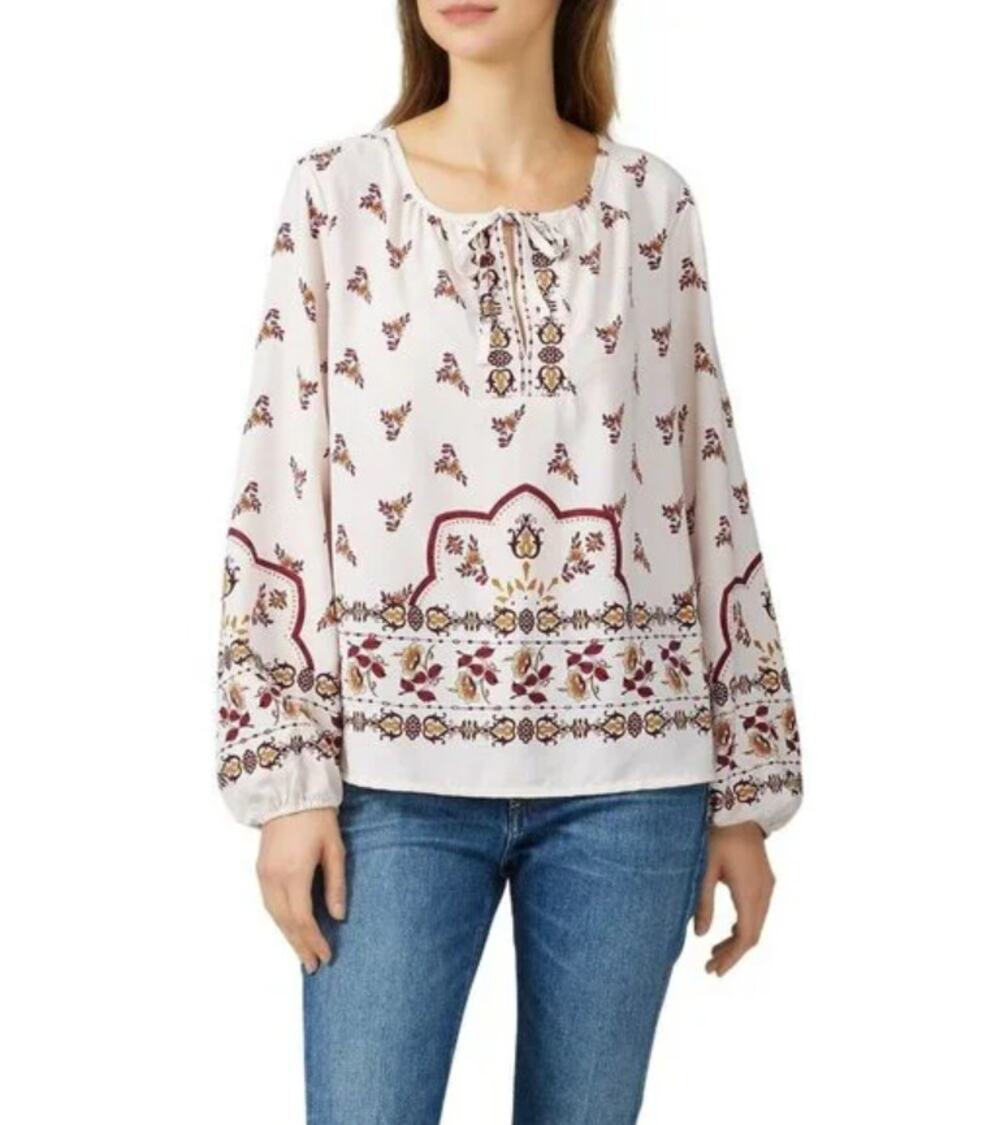 Bobeau Boho Peasant Blouse White Burgundy Floral Long Sleeve Size S